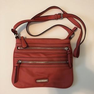 Coral pink orange leather long strap bag / purse